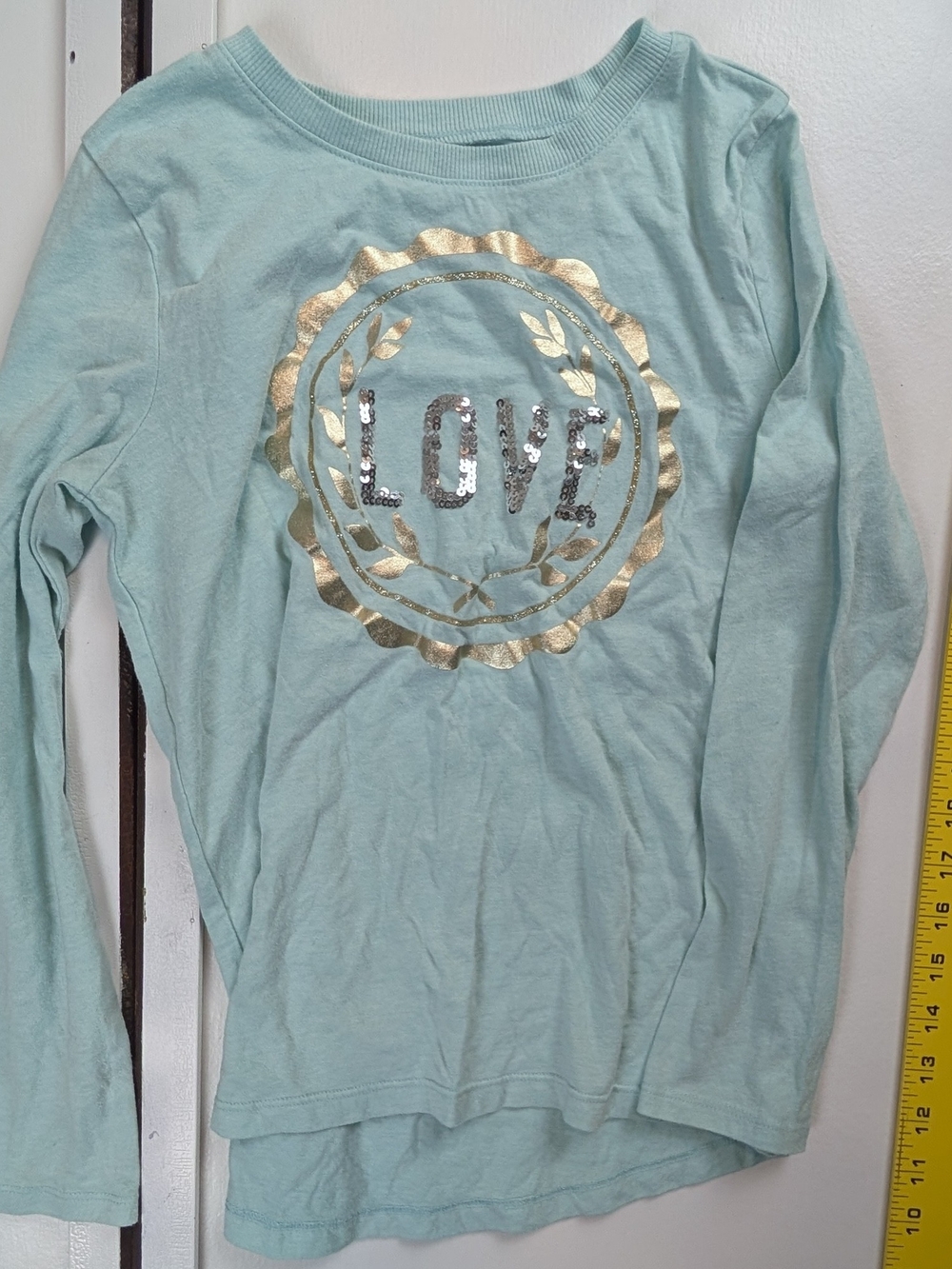 Place Mint Aqua Long Sleeve Top with Gold 'LOVE' Sequin Emblem